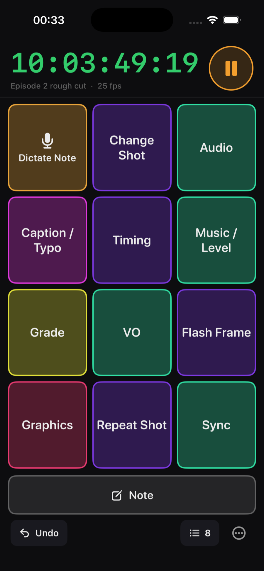 The CutNotes board: timecode across the top, twelve coloured buttons filling the screen below.