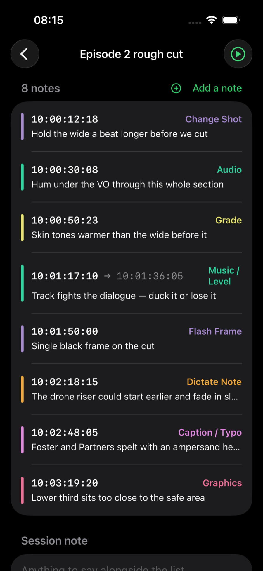 The notes list, each note with its timecode and a comment field.