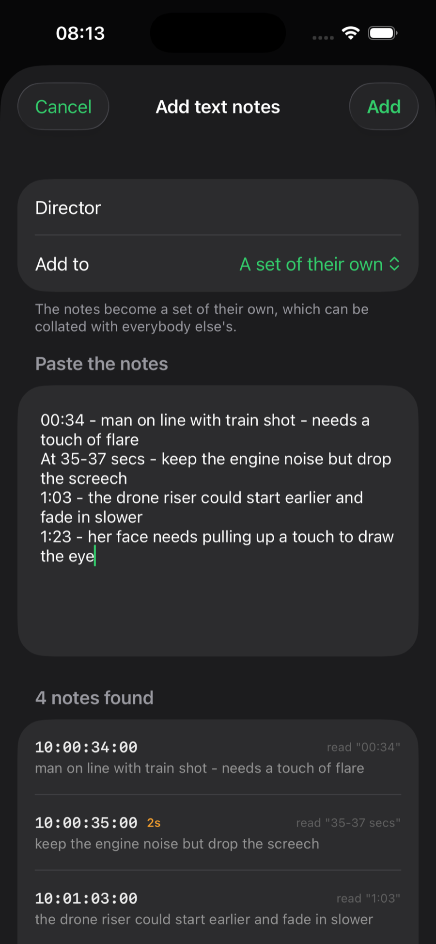 Pasted notes being parsed into timecoded entries.